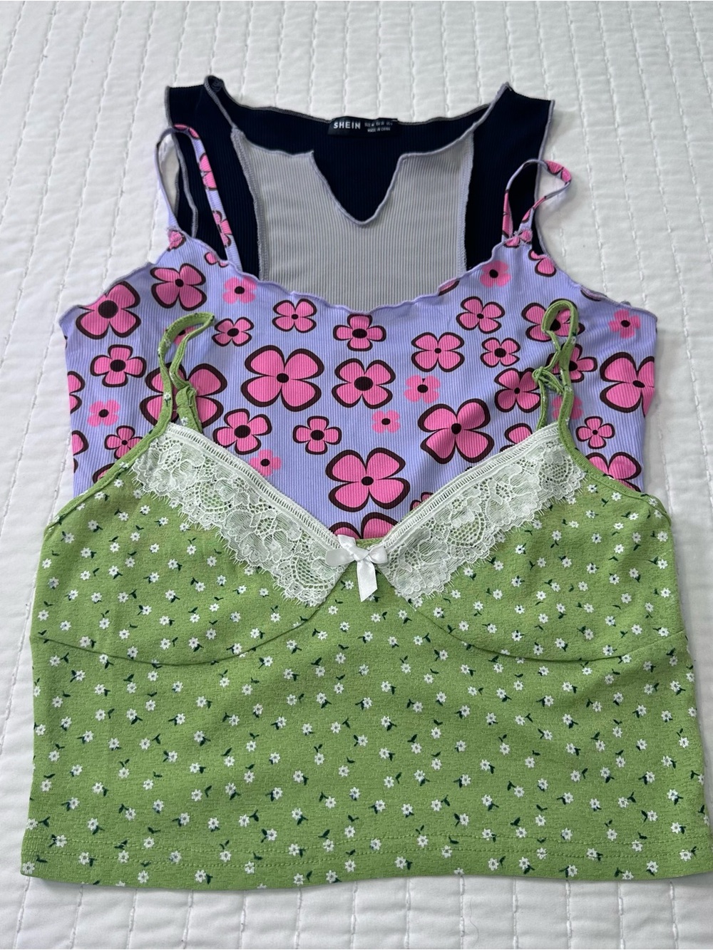 SET OF 3 SHEIN Multicolor Summery Green Pink and Black Floral Lace Trim Crop Top